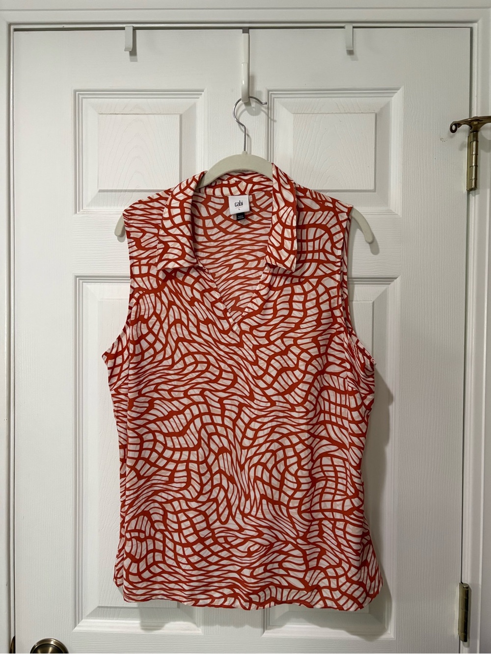 CAbi Rust and White Abstract Sleeveless Collared Top